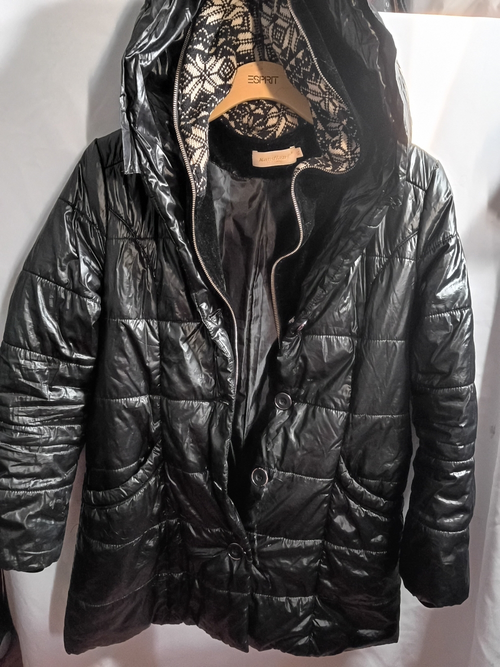 Esprit Black Shiny Quilted Hooded Puffer Coat